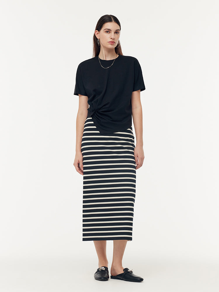 Triacetate Twist Front Knit T-Shirt And Stripe Skirt Two-Piece Set GOELIA
