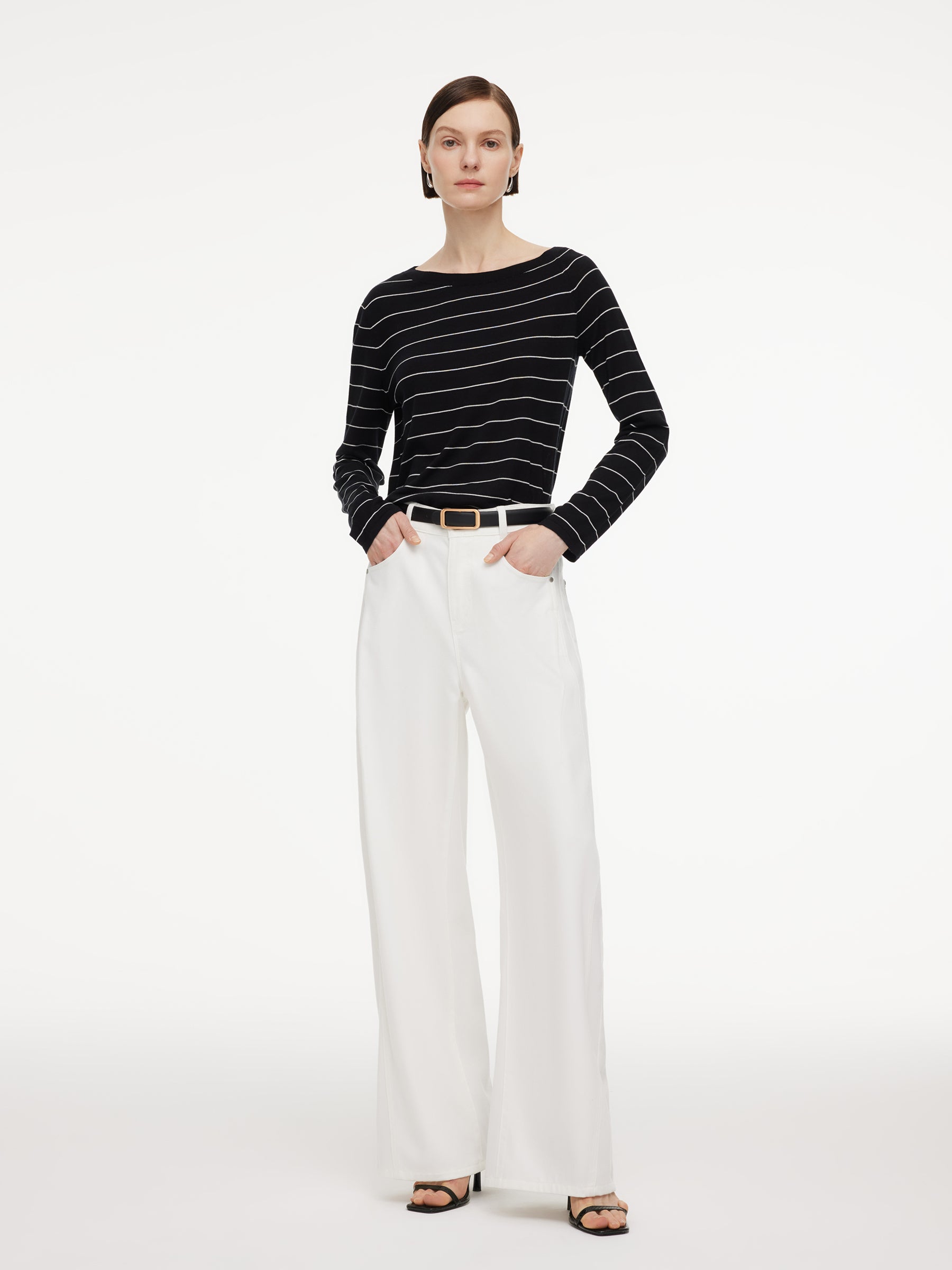 Tencel Mulberry Silk Blend Boat Neck Women Stripe Knit Top GOELIA
