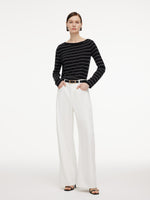 [Preview] Tencel Mulberry Silk Blend One Shoulder Women Stripe Knit Top GOELIA