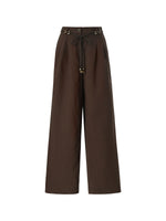Linen Blend Women Wide Leg Pants With Tie String Belt GOELIA