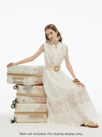 Tencel Blend Embroidered Women Maxi Vest Dress With Tie String Belt GOELIA