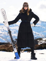 Hooded Gathered Waist Long Goose Down Garment With Belt GOELIA