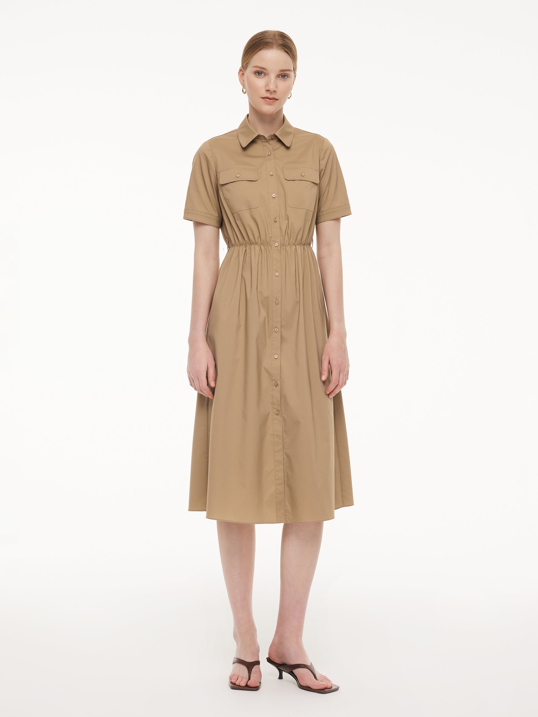 Cotton Blend Women Midi Shirt Dress With Leather Belt GOELIA