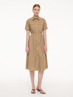 Cotton Blend Women Midi Shirt Dress With Leather Belt GOELIA