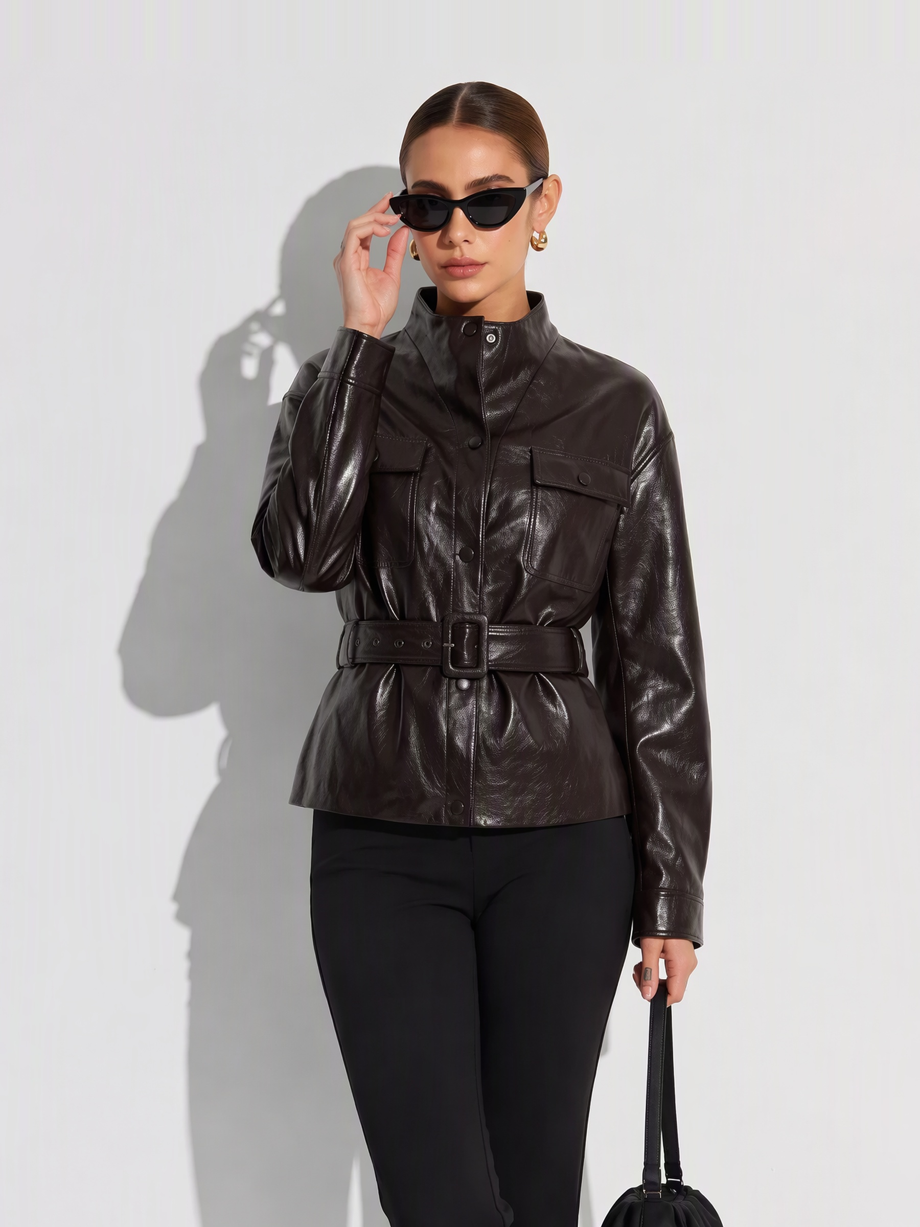PU Leather Stand Collar Wind-Proof Women Belted Jacket GOELIA