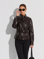 PU Leather Stand Collar Wind-Proof Women Belted Jacket GOELIA