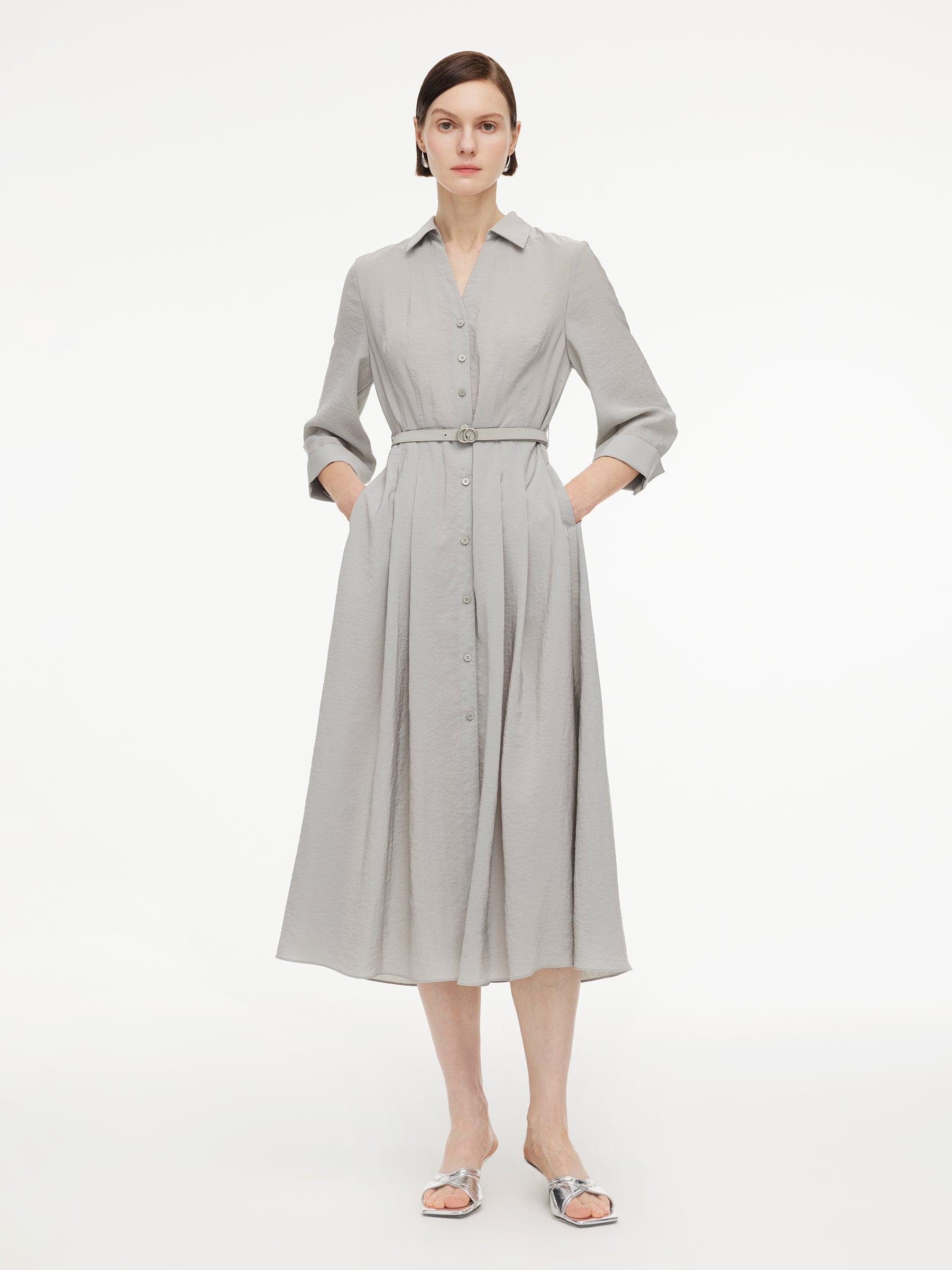 [Preview] Triacetate Blend Women Belted Maxi Shirt Dress GOELIA