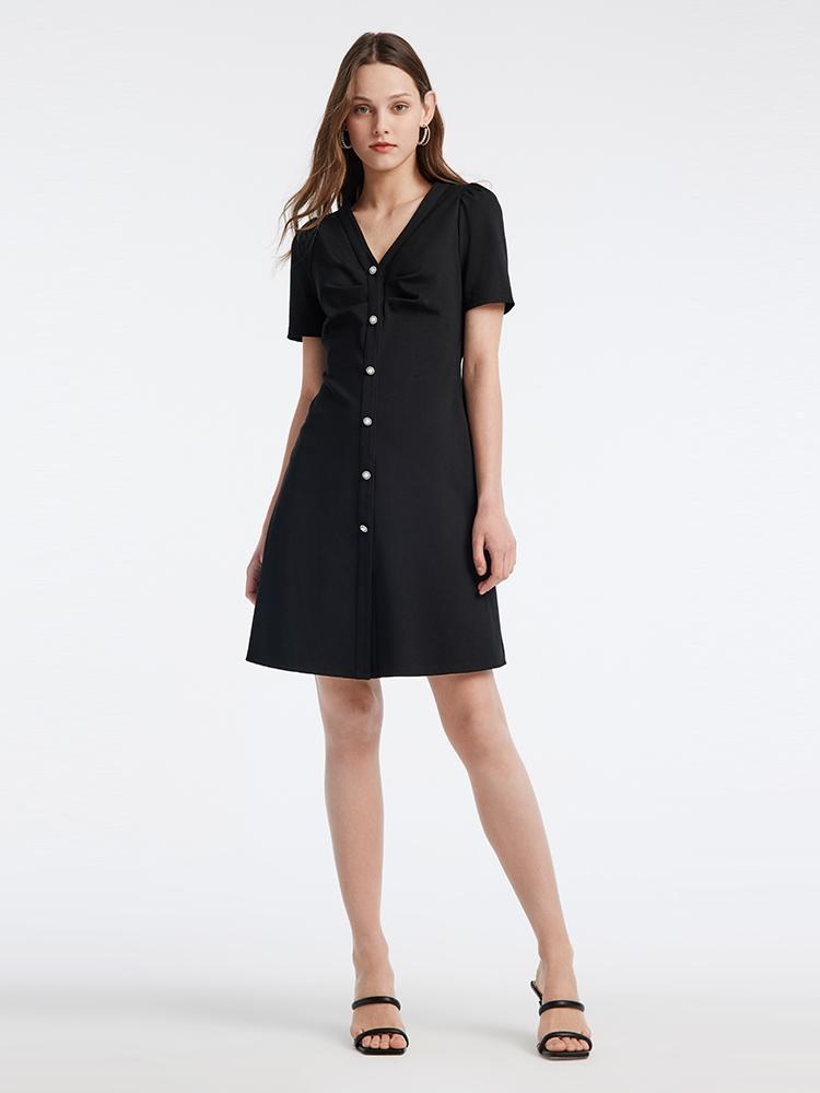Tencel-Acetate Blend V-Neck Gathered Waist Women Mini Dress