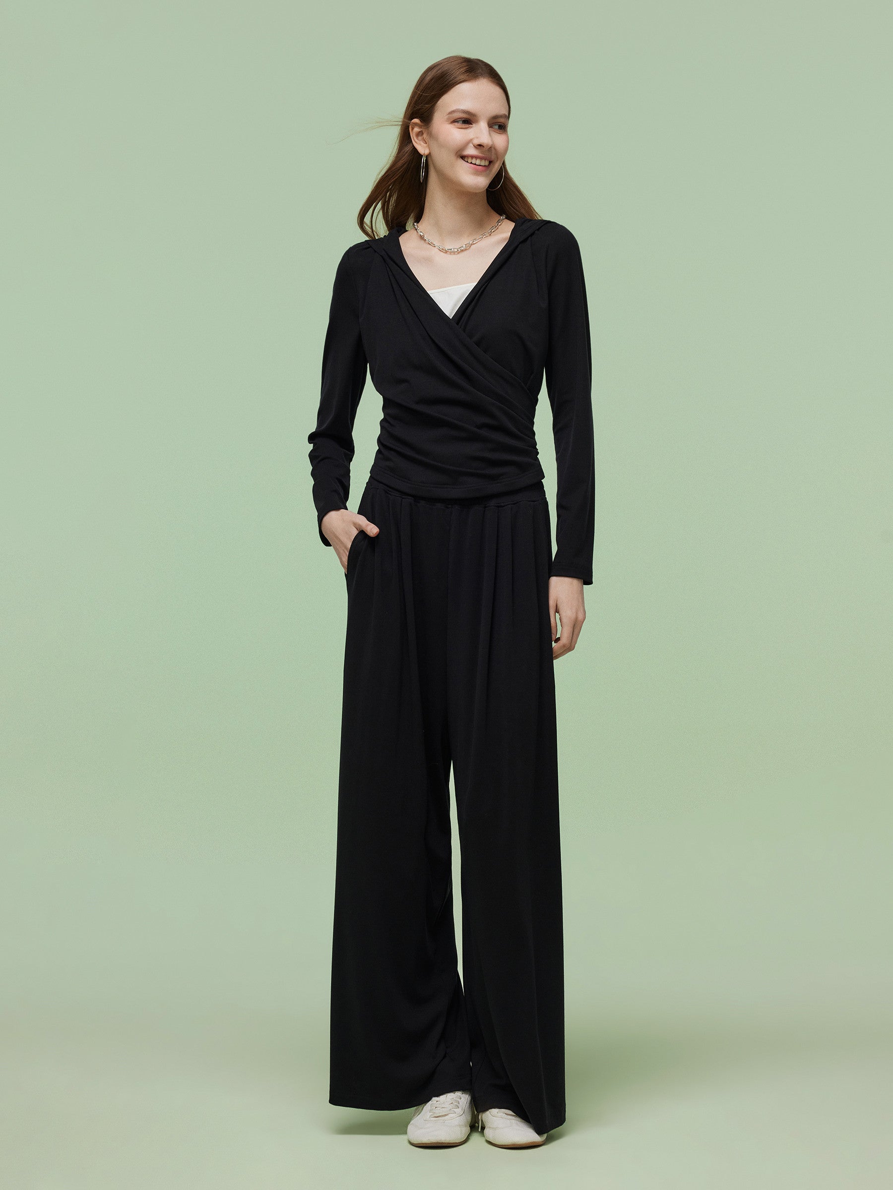 Tencel Blend Hoodie And Wide Leg Pants Two-Piece Set GOELIA