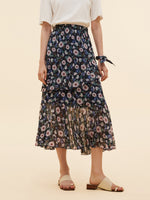 10MM Mulberry Silk Floral Print Women Tiered Skirt GOELIA
