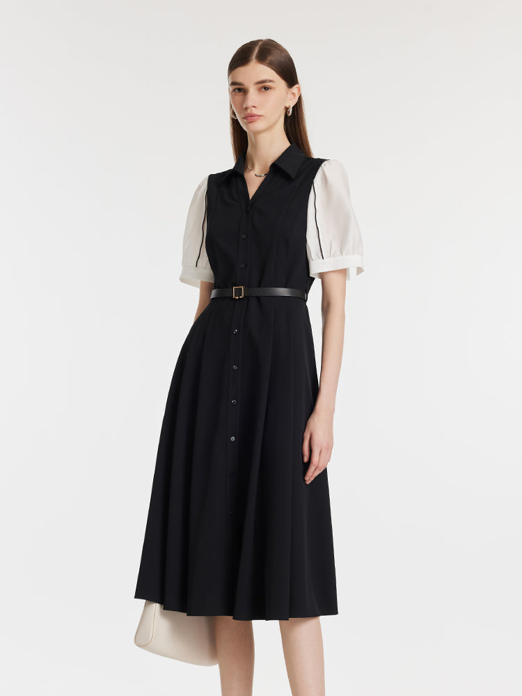 Commute Patchwork V-Neck Women Midi Shirt Dress With Belt GOELIA