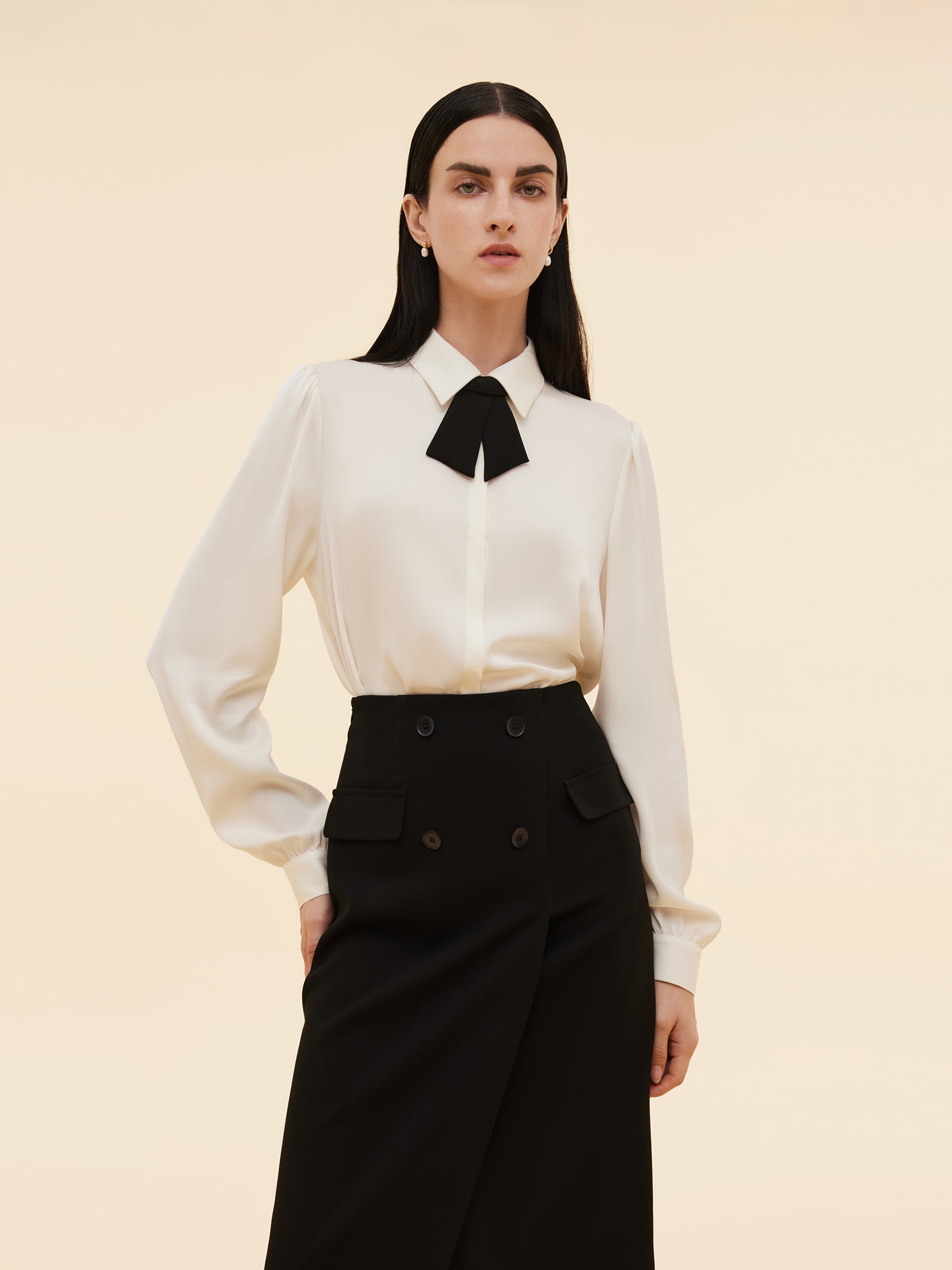 22MM Mulberry Silk Women Shirt With Detachable Bow GOELIA