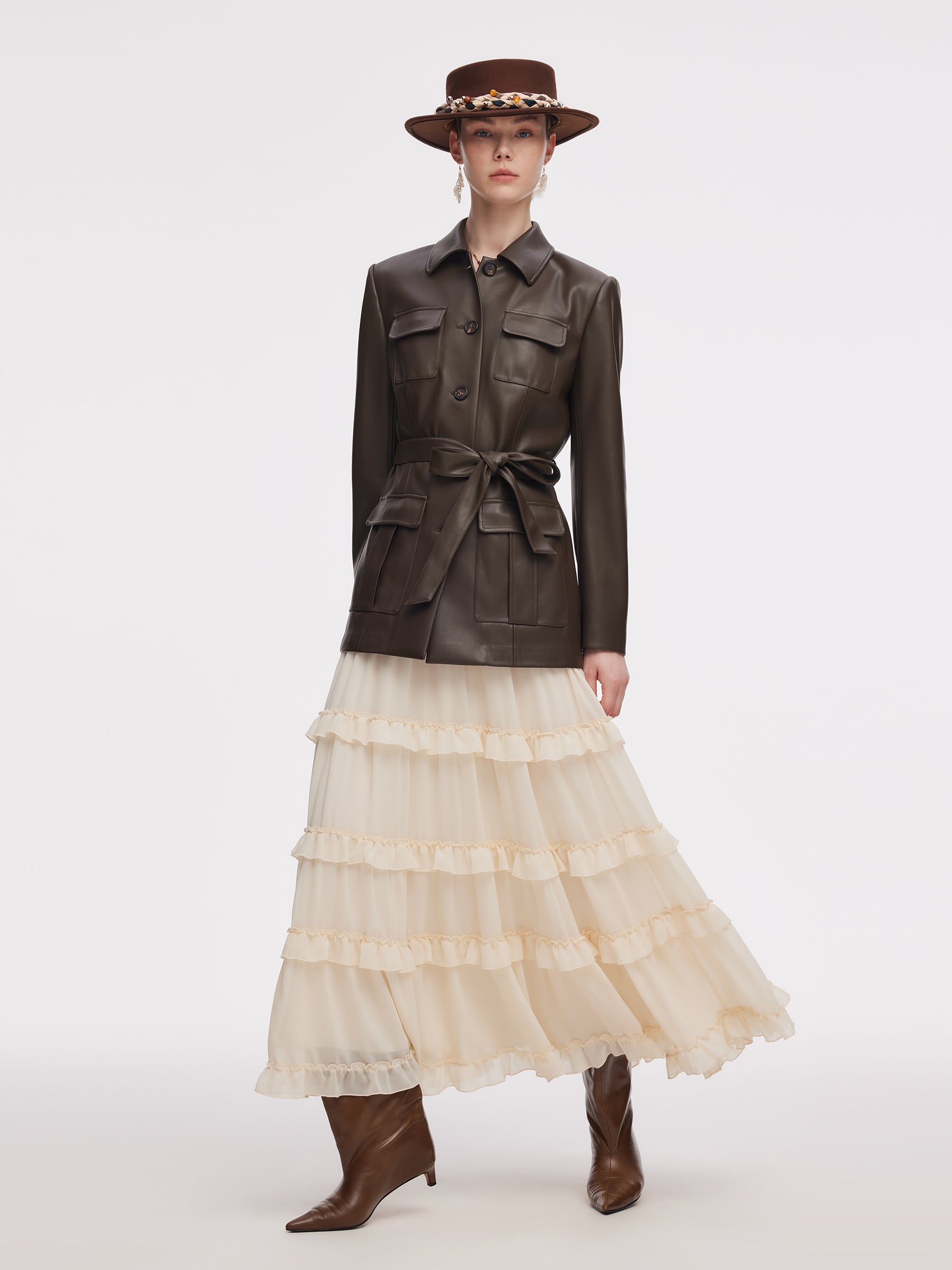 PU Leather Women Self-Tie Belt Jacket GOELIA