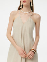100% Linen Women Backless Strap Maxi Dress GOELIA