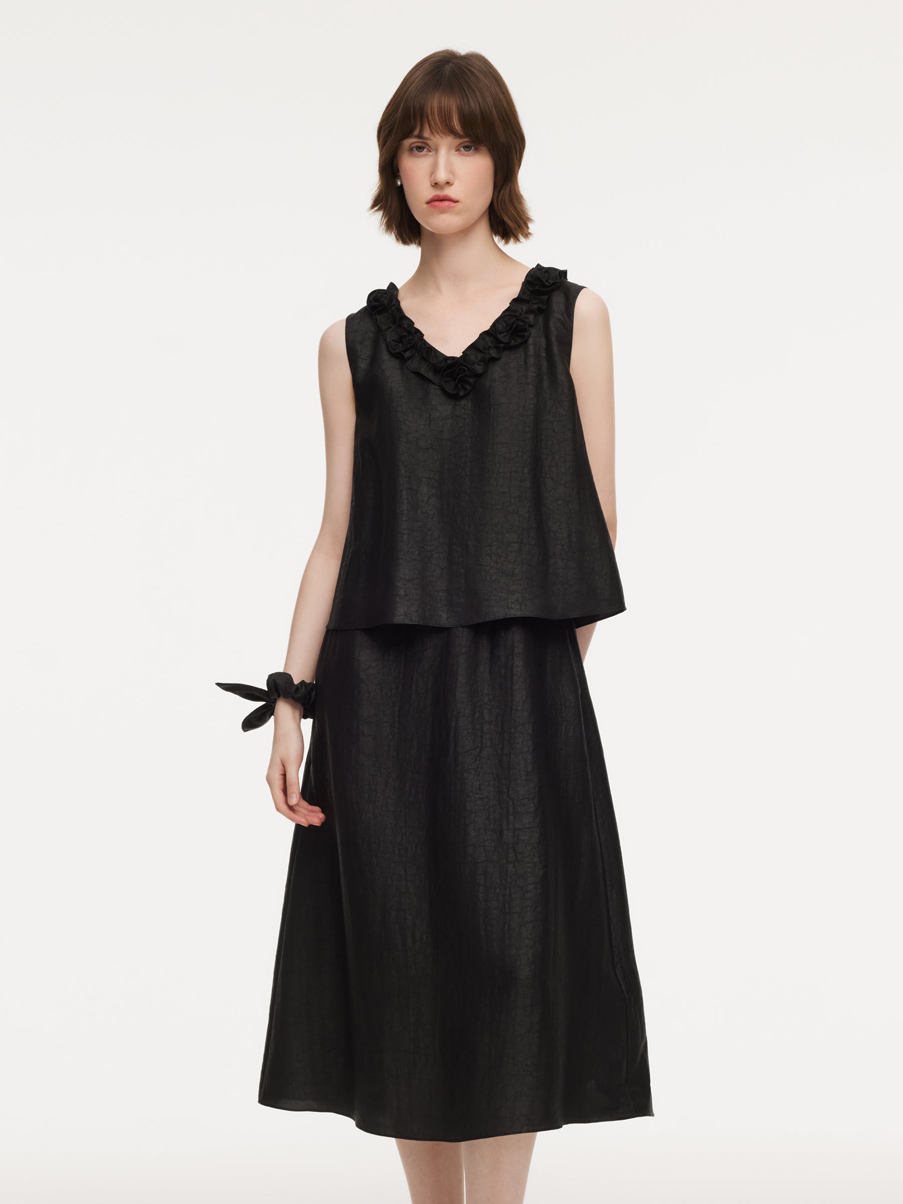 [Preview] 18MM Gambiered Canton Gauze Floral V-Neck Women Sleeveless Maxi Dress With Scrunchie GOELIA