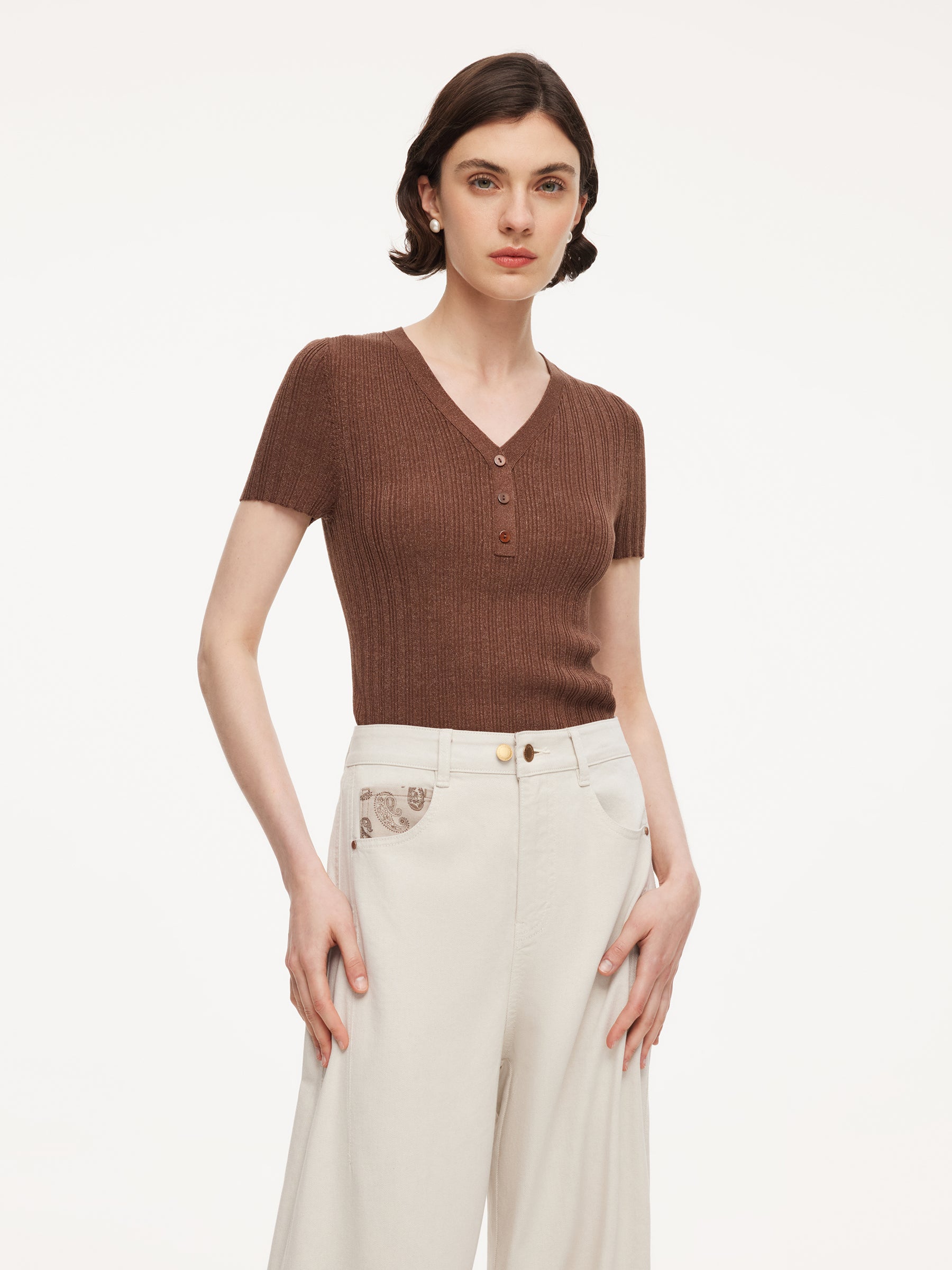 Tencel Blend V-Neck Women Glittering Knit Top GOELIA