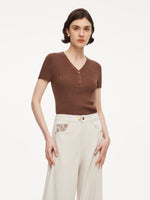 Tencel Blend V-Neck Women Glittering Knit Top GOELIA