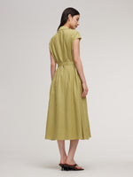 100% Linen Gathered Waist Women Self-Tie Belt Maxi Dress GOELIA