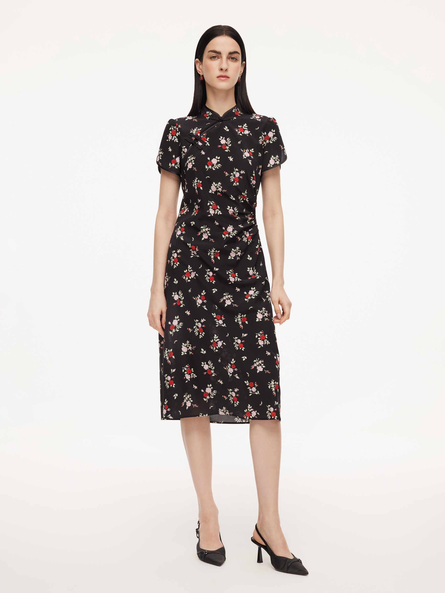 16MM Mulberry Silk Rose Print Women Qipao Midi Dress GOELIA