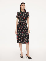 16MM Mulberry Silk Rose Print Women Qipao Midi Dress GOELIA