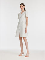 Gathered Waist Single-Breasted Sequins Tweed Mini Dress With Patch Pockets GOELIA