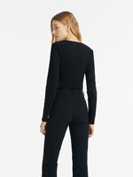 V-Neck Crossover Gathered Waist Women Knit Top GOELIA