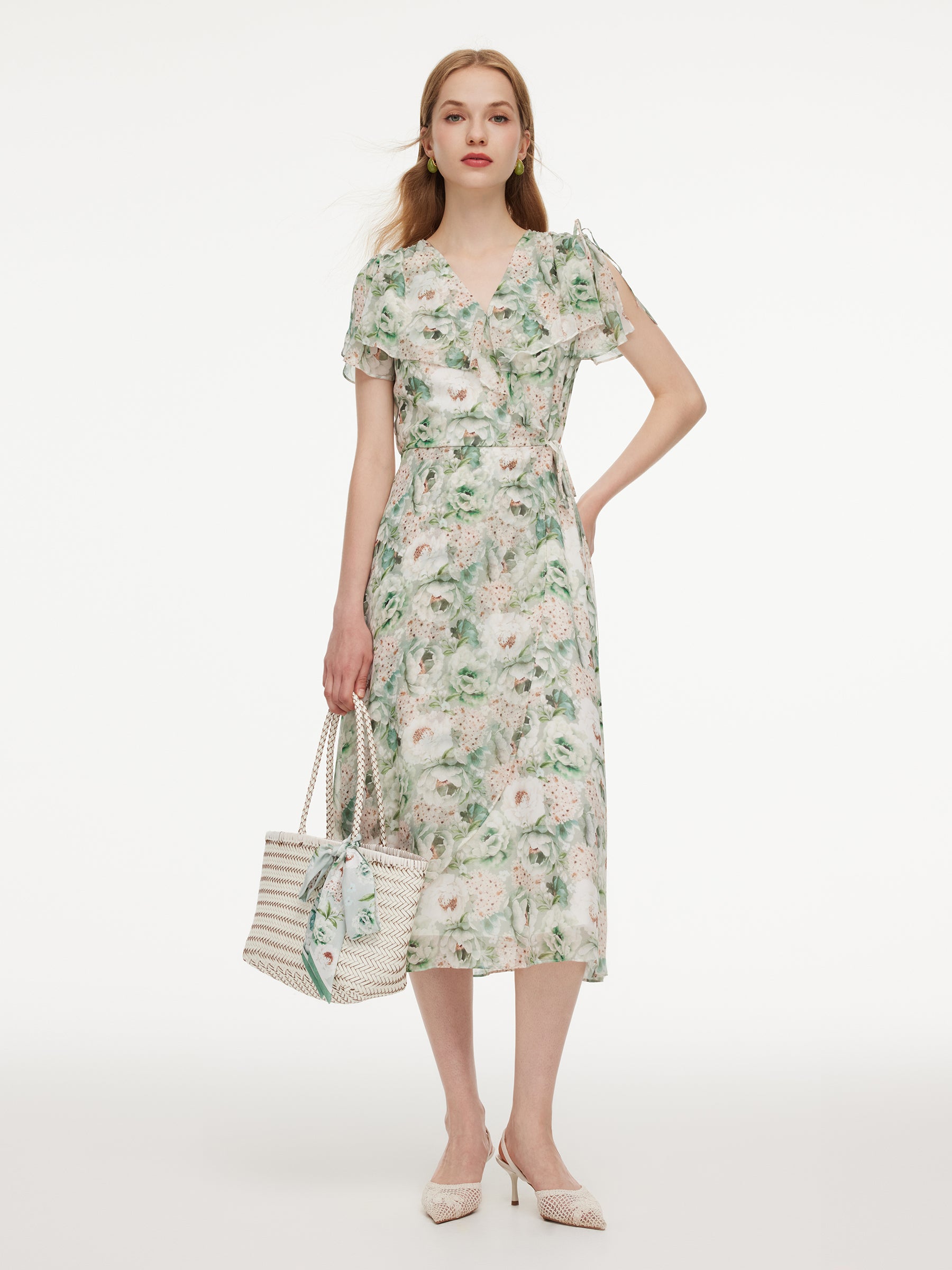 10MM Mulberry Silk Floral Print Ruffled Sleeve Women Wrap Maxi Dress GOELIA