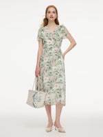 10MM Mulberry Silk Floral Print Ruffled Sleeve Women Wrap Maxi Dress GOELIA