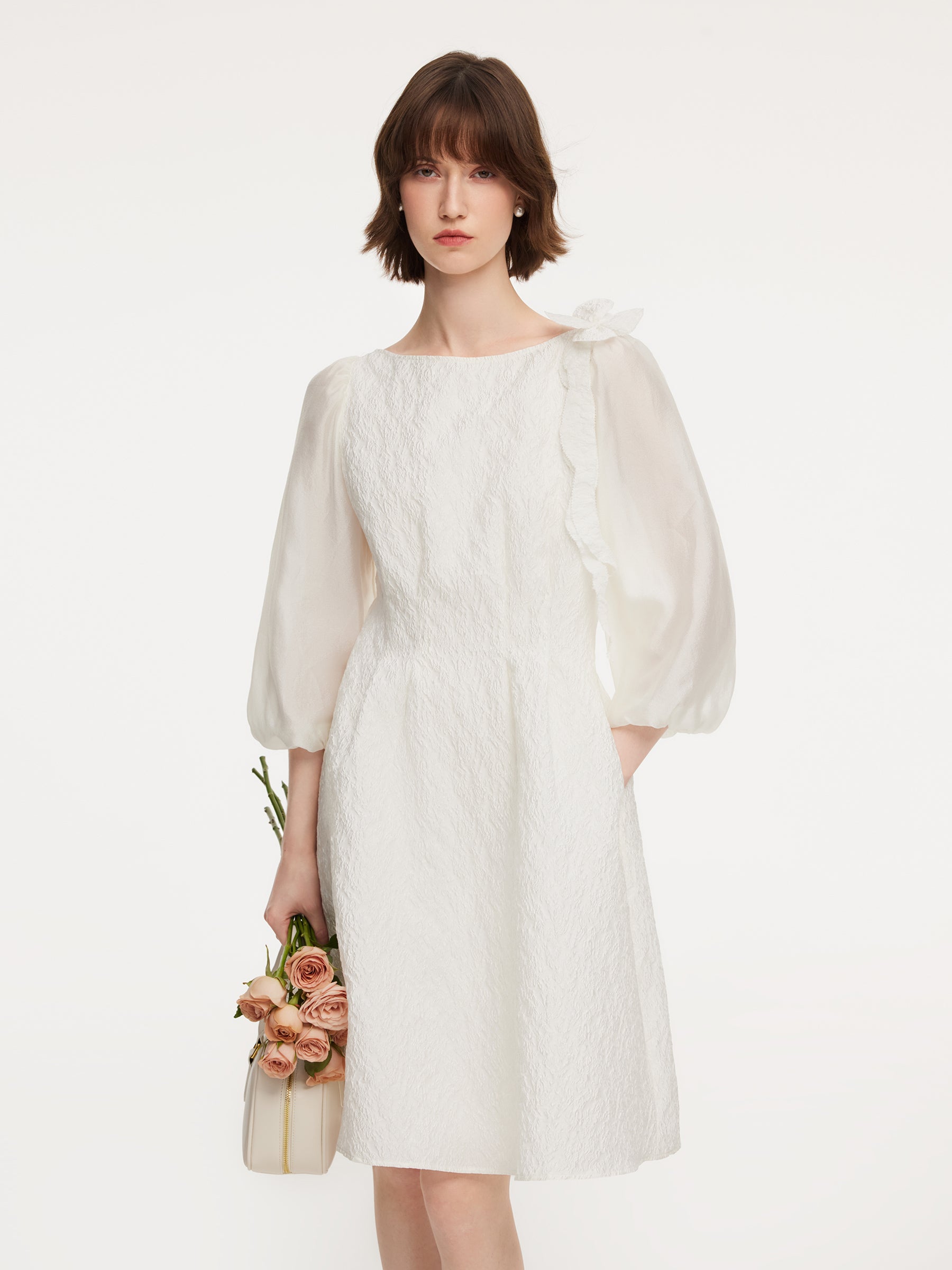 [Preview] Jacquard Boat Neck Women Midi Dress With Detachable Flower GOELIA