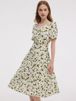 Acetate Blend Floral Print Women V-Neck Midi Dress With Belt GOELIA