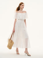 Tencel Blend Conovertible Neck Women Gathered Waist Maxi Dress With Floral Ribbon GOELIA