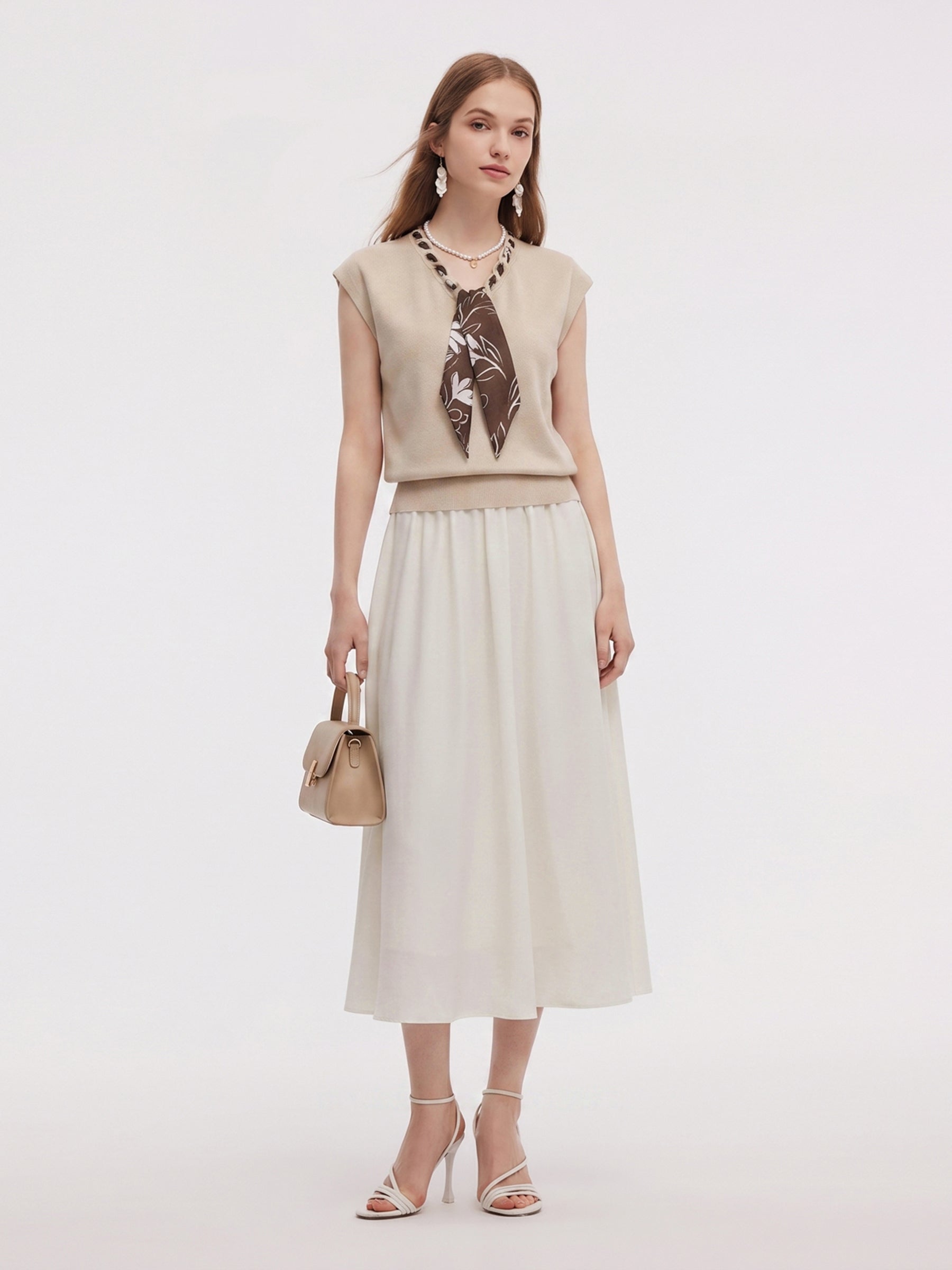 Silky Scarf Neck Knit Top And Acetate Blend Skirt Two-Piece Set GOELIA