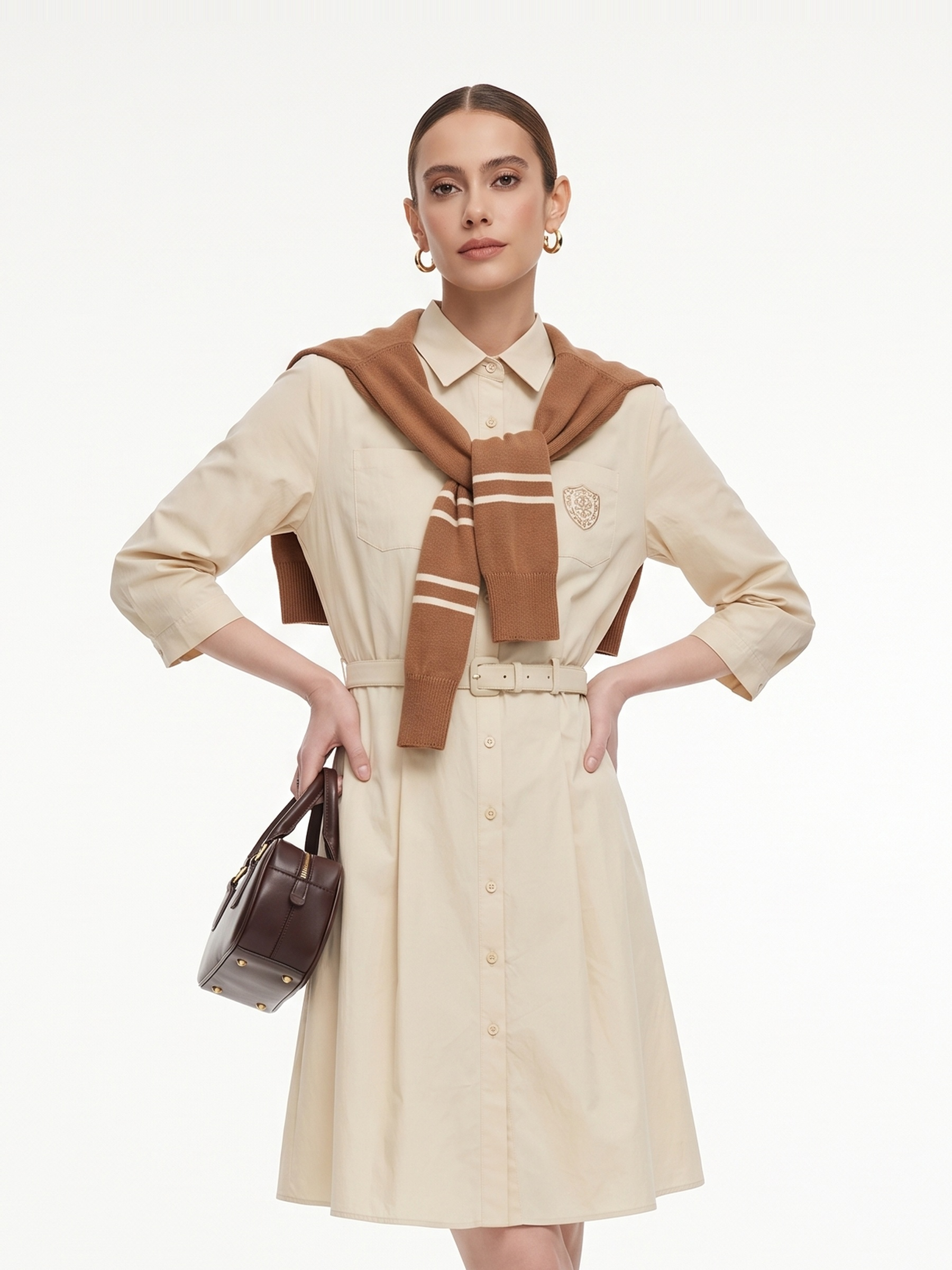 Cotton Letter Embroidered Women Belted Midi Shirt Dress With Detachable Sailor Collar GOELIA