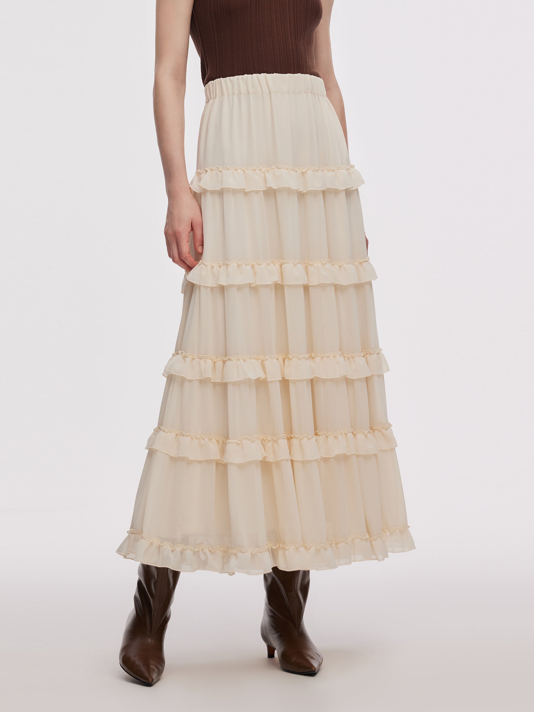 Chiffon Elastic Waist Women Ruffle Tiered Skirt GOELIA
