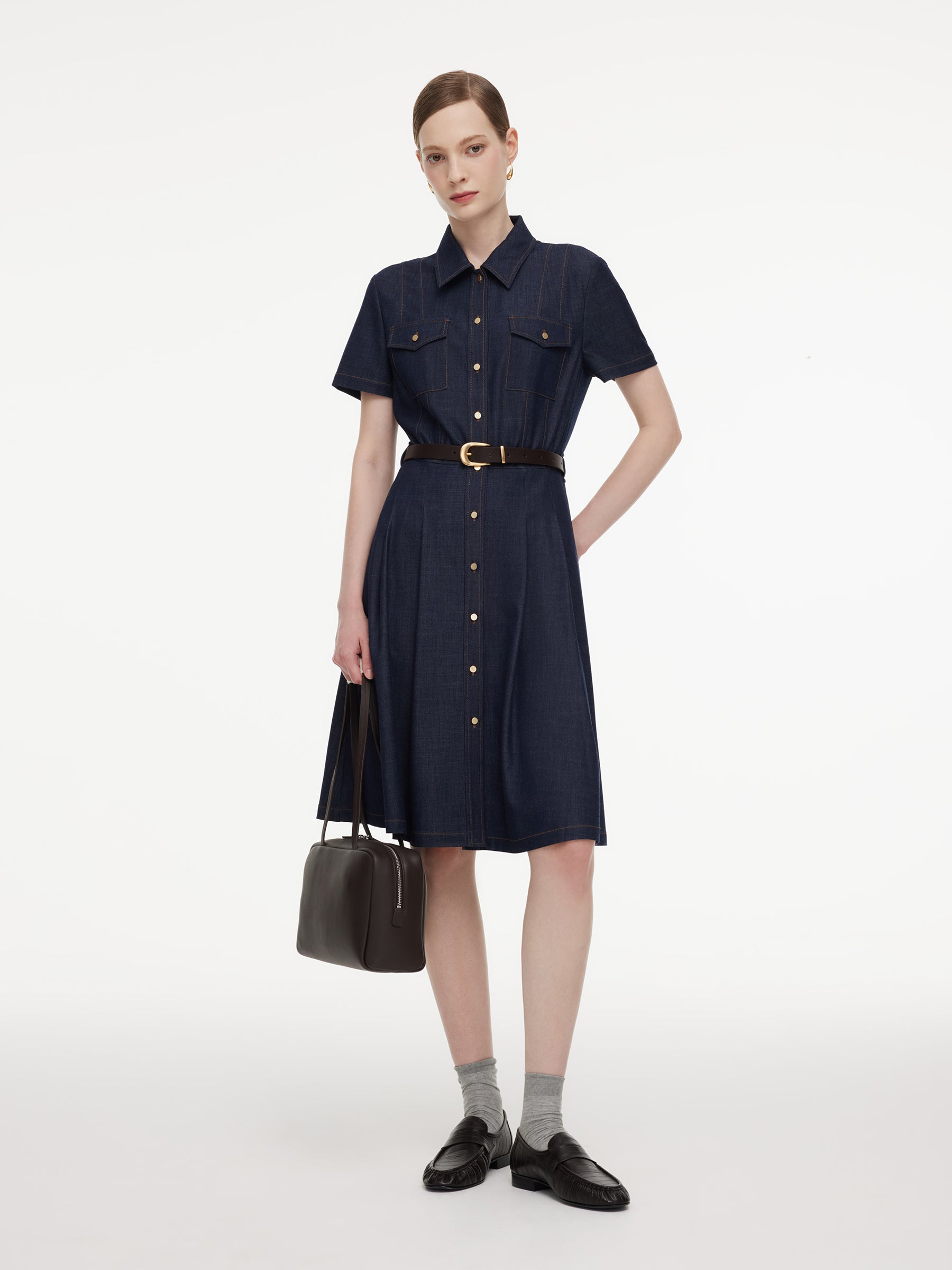 Gather-Waisted Women Midi Shirt Dress With Leather Belt GOELIA