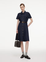 Gather-Waisted Women Midi Shirt Dress With Leather Belt GOELIA