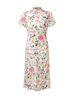 19MM Mulberry Silk Floral Print Side Twist Women Qipao Midi Dress GOELIA