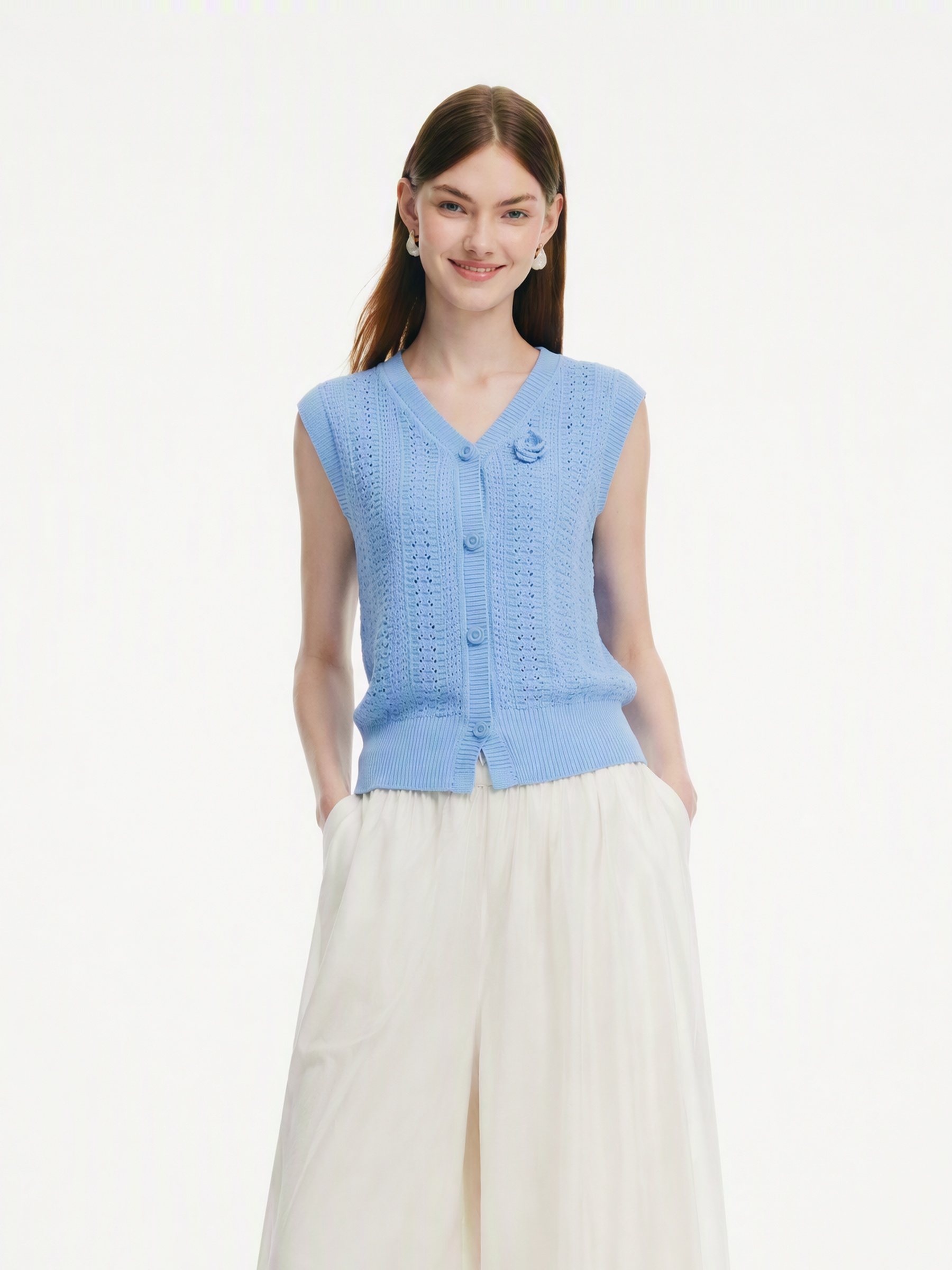 100% Cotton Textured Women Knit Vest With Detachable Knit Flower GOELIA