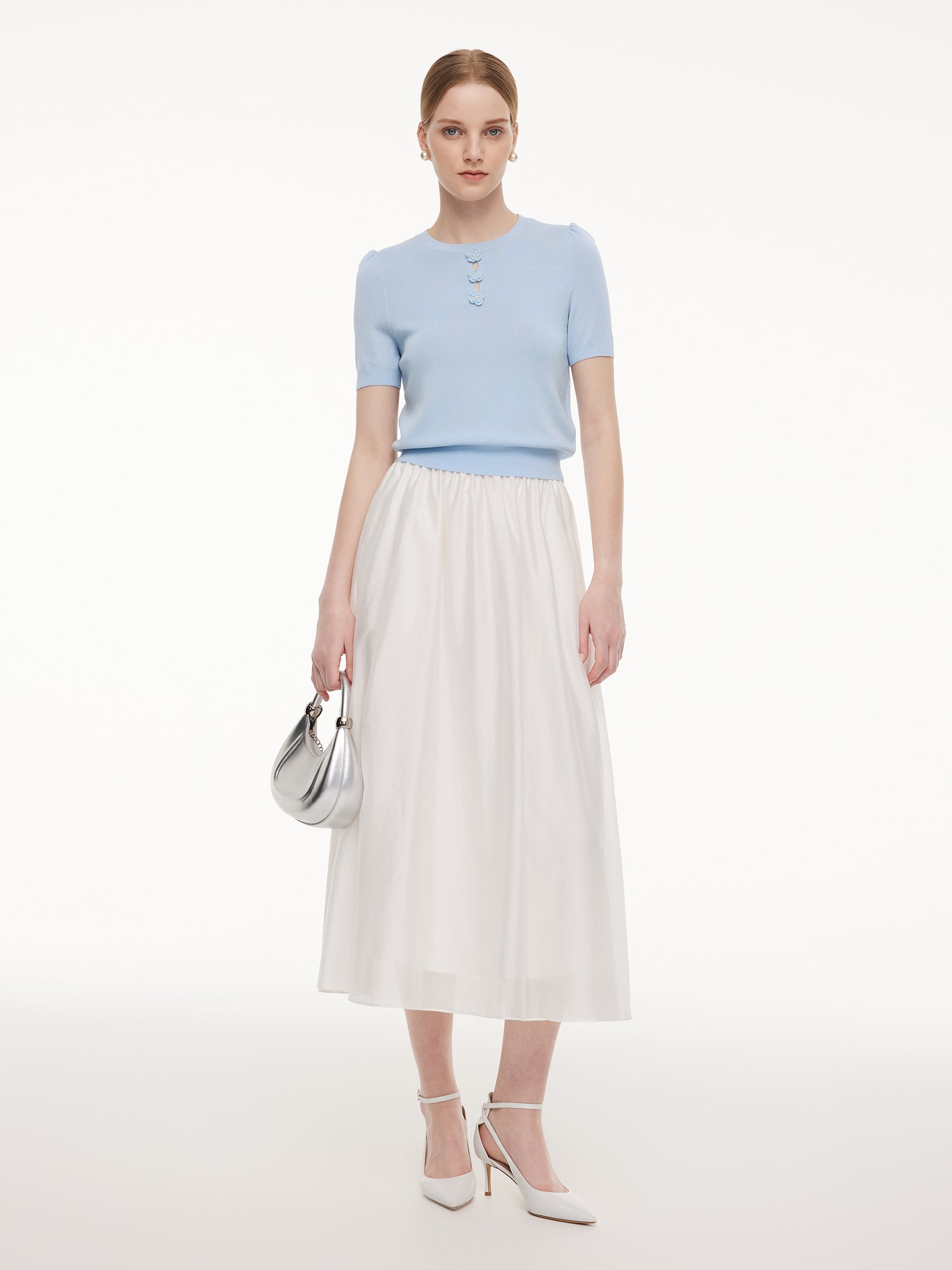 Tencel Blend Knit Top And A-Line Skirt Two-Piece Set With Detachable 3D Crochet Flowers GOELIA