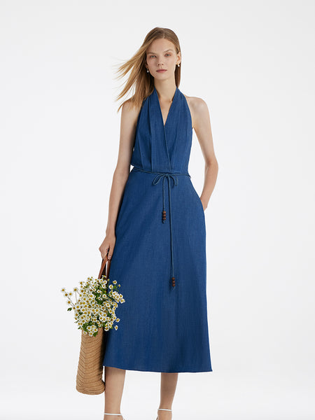 Maxi Jean Halter Dress Denim Halter Women Midi Dress With Rope Belt  GOELIA