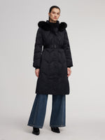 Gathered Waist Long Goose Down Garment With Faux-Fur Collar GOELIA