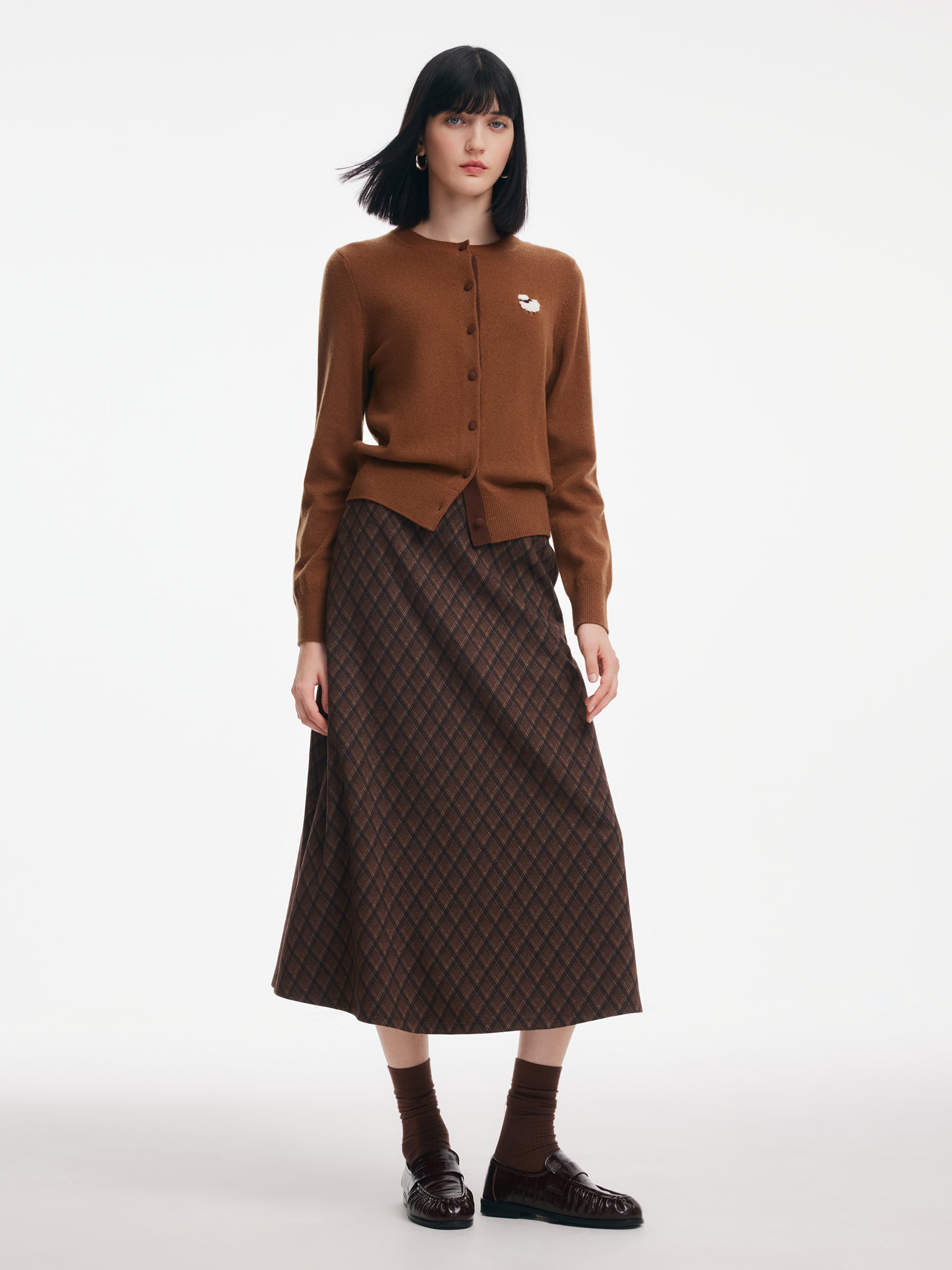 100% Wool Cardigan And Plaid A-Line Skirt Two-Piece Set GOELIA
