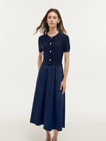 Denim Patchwork Sequins Gathered Waist Women Midi Dress GOELIA