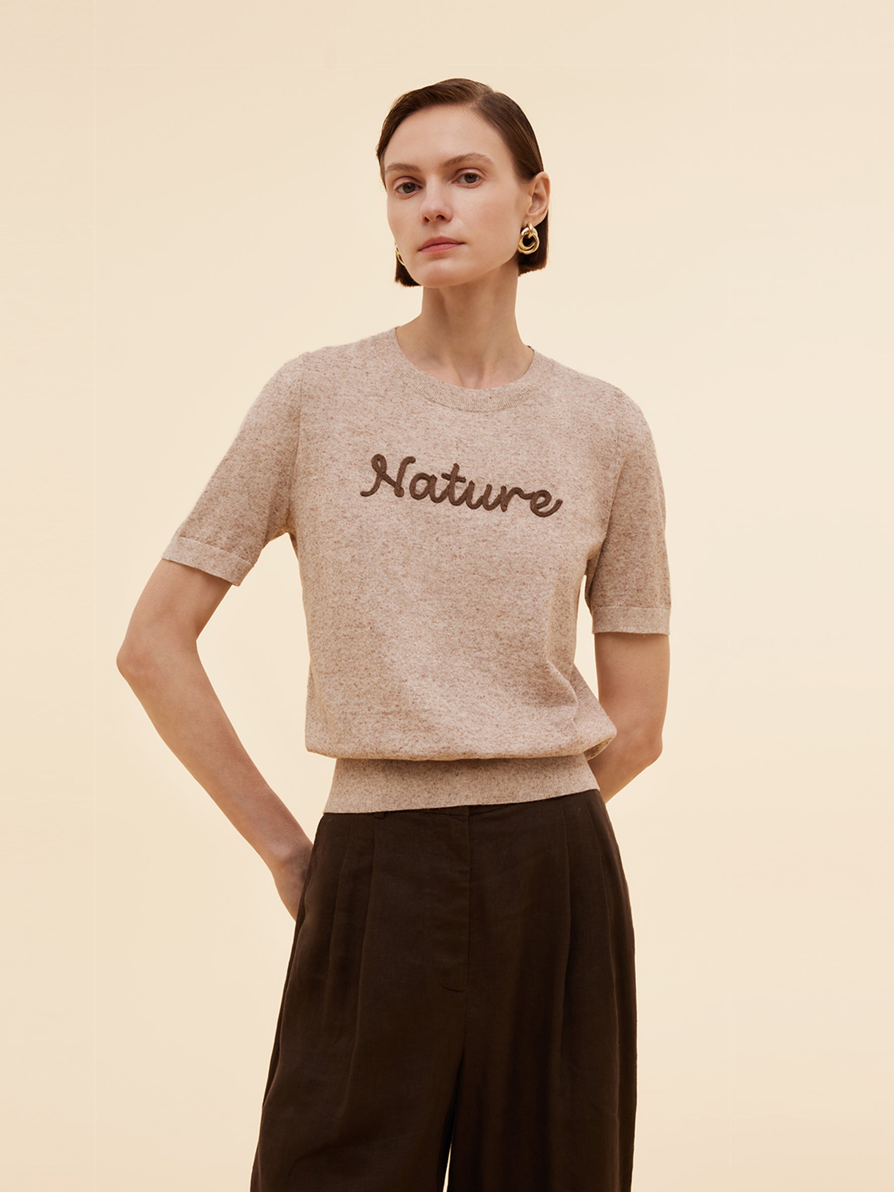 Linen Blend Letter Embroidered Women Knit Top GOELIA