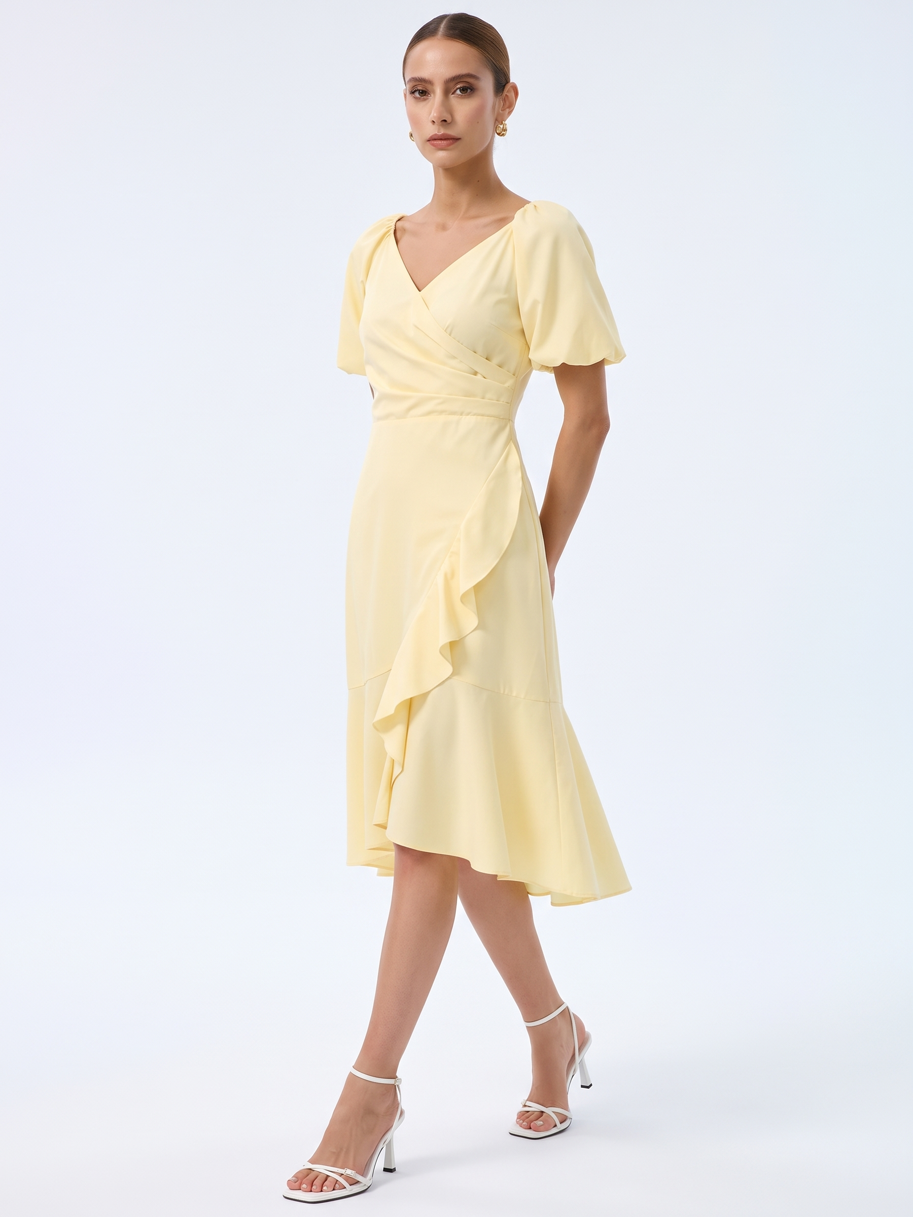 100% Cotton Ruffle Puff Sleeve Women Wrap Midi Dress GOELIA