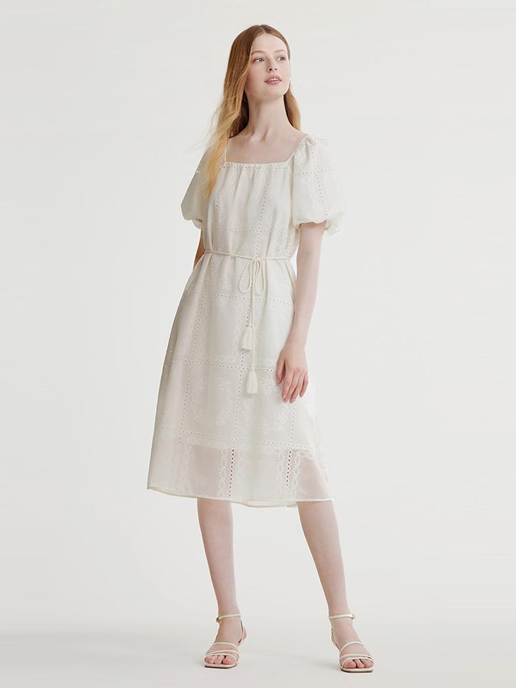 Square Neck Embroidered Midi Dress With Belt GOELIA