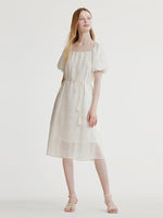 Square Neck Embroidered Midi Dress With Belt GOELIA