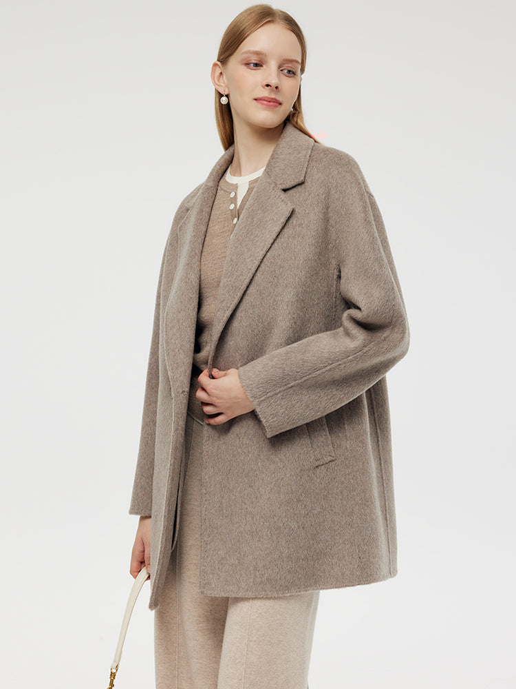 Alpaca Wool Short Double-Sided Coat with Scarf Detail