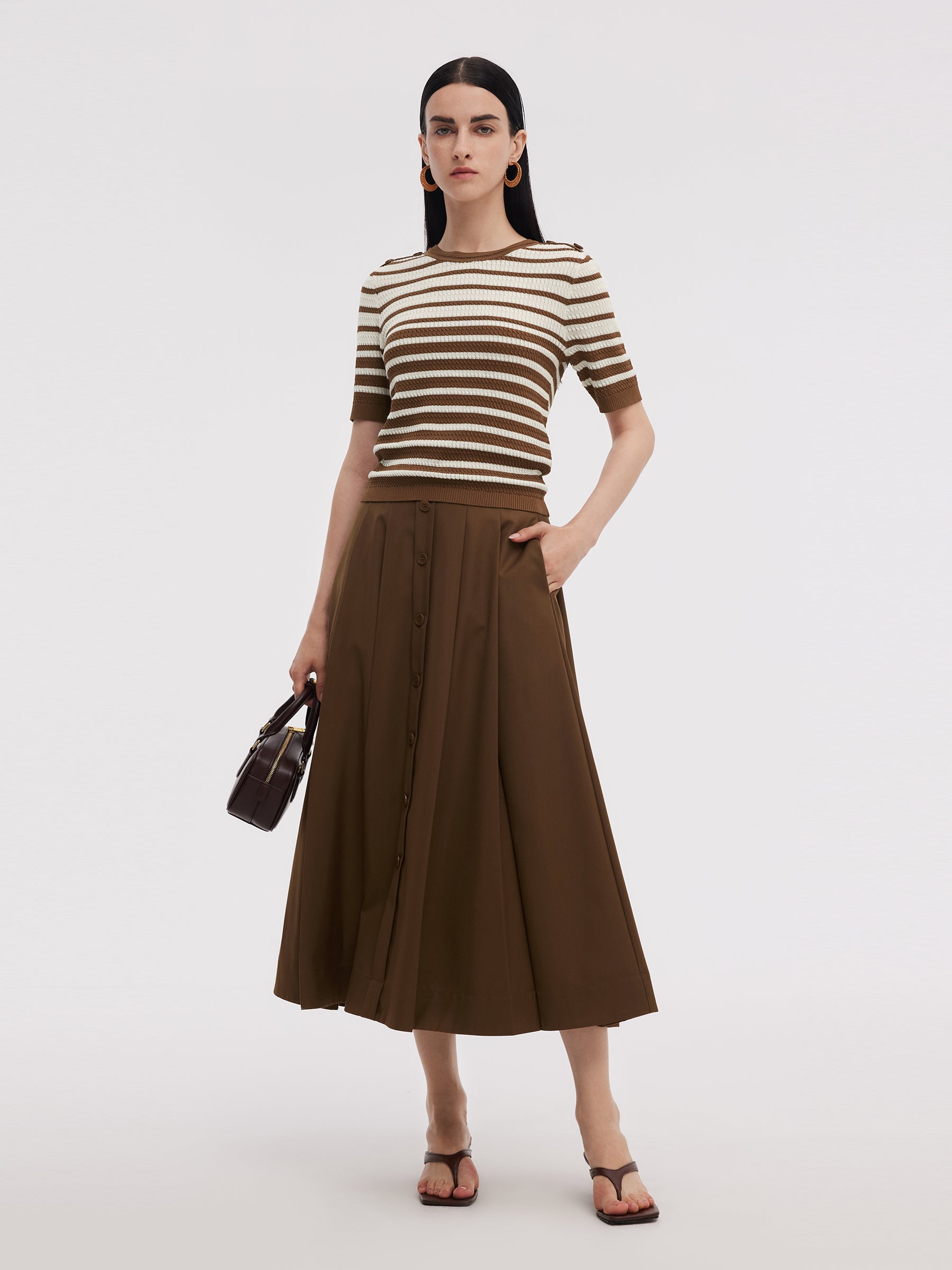 Stripe Knit Top And A-Line Skirt Two-Piece Set GOELIA