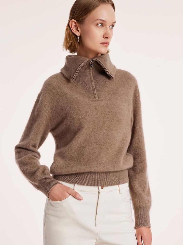 Pure Cashmere Zippered Lapel Women Sweater GOELIA